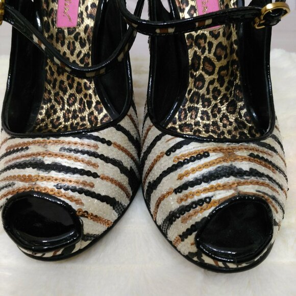 Betsey Johnson Zebra Stripe Black Gold Sequin Peep Toe Heels Size 5 ankle strap - Picture 6 of 11